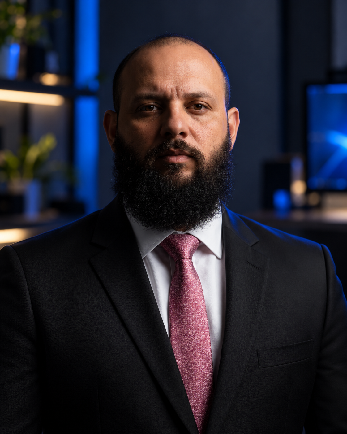 Guilherme Getaruch, cofundador da Nexus Think, em um ambiente de tecnologia com iluminação azul