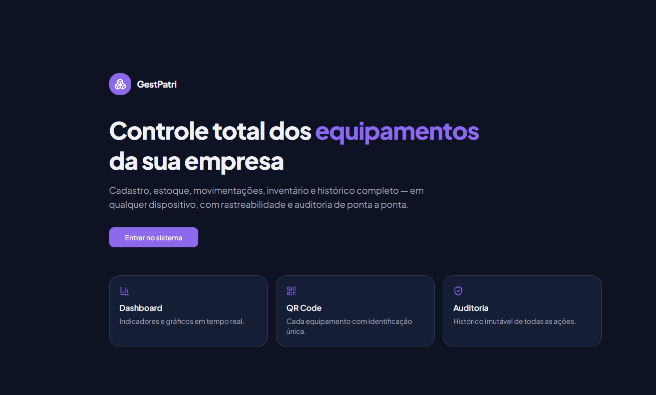 Controle Patrimonial: gestão de equipamentos com dashboard, identificação por QR Code e auditoria