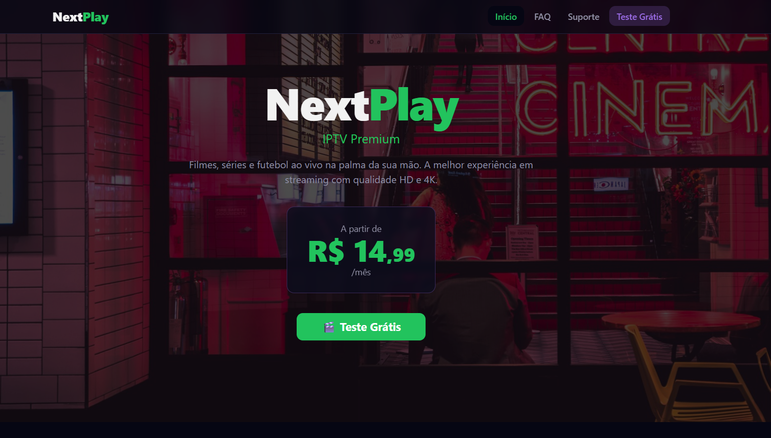 Página do NextPlay com apresentação do serviço IPTV Premium e botão de teste grátis