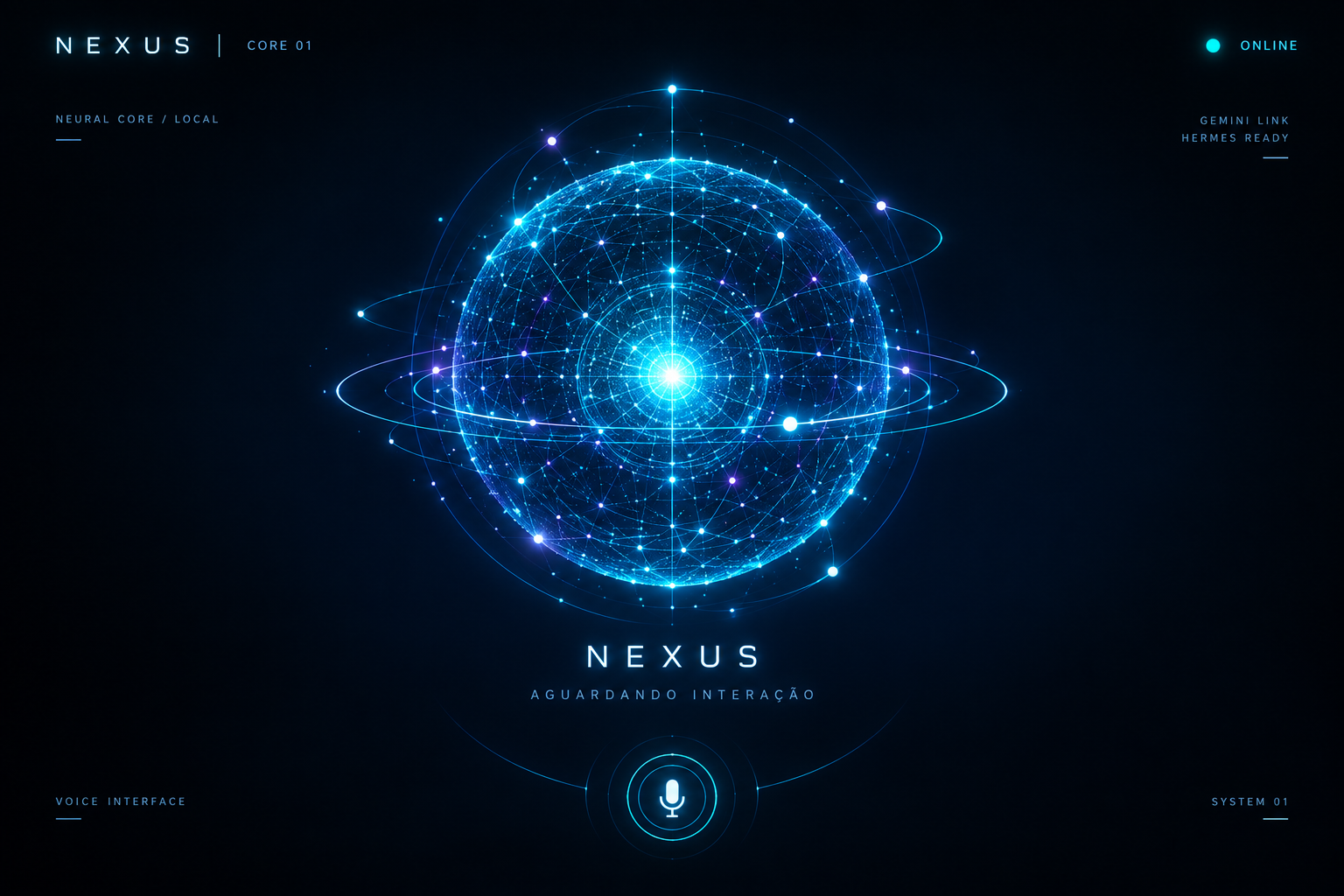 Nexus Assistente: núcleo holográfico azul com conexões neurais e interface de voz