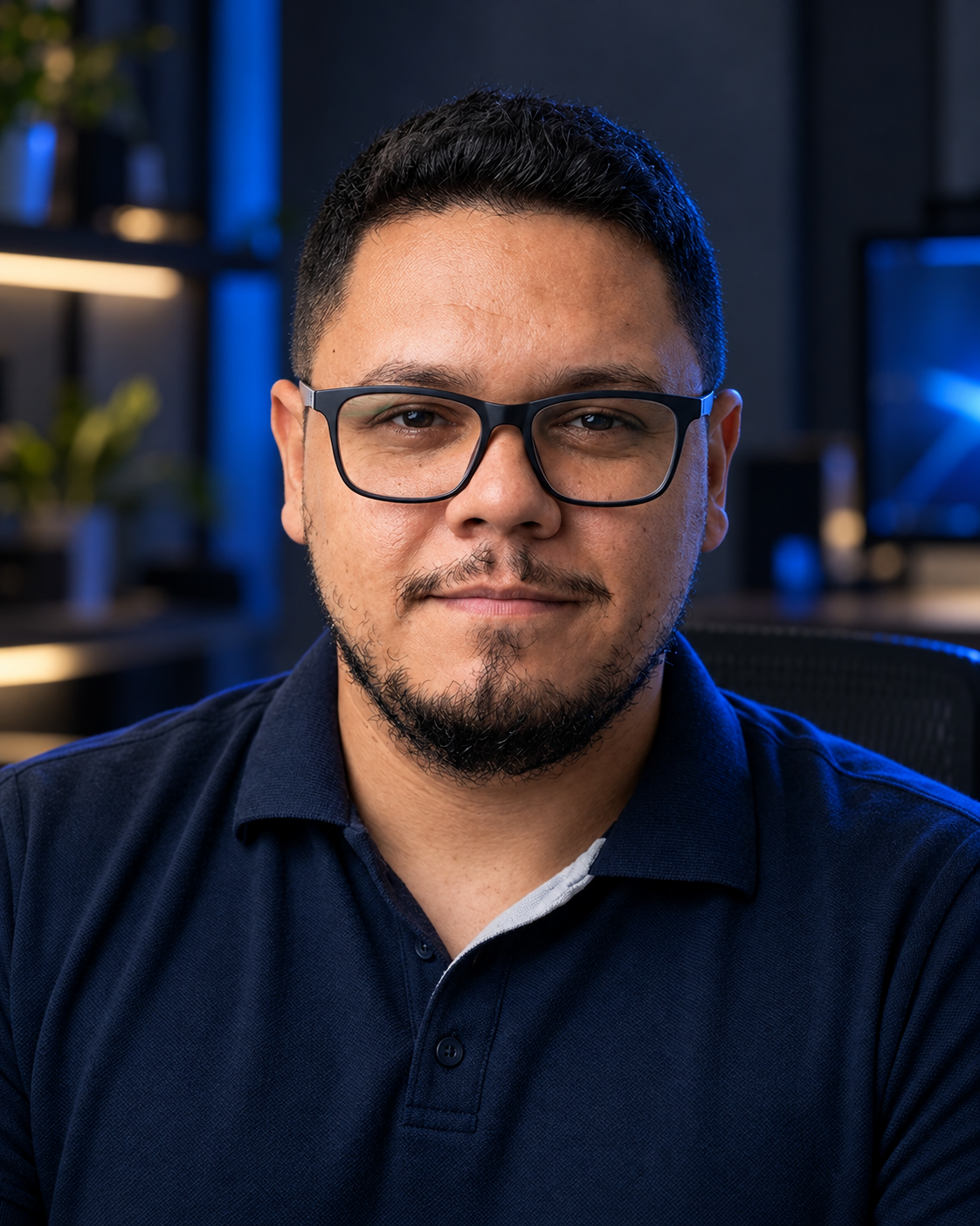 Weliton Marques, cofundador da Nexus Think, em um ambiente de tecnologia com iluminação azul